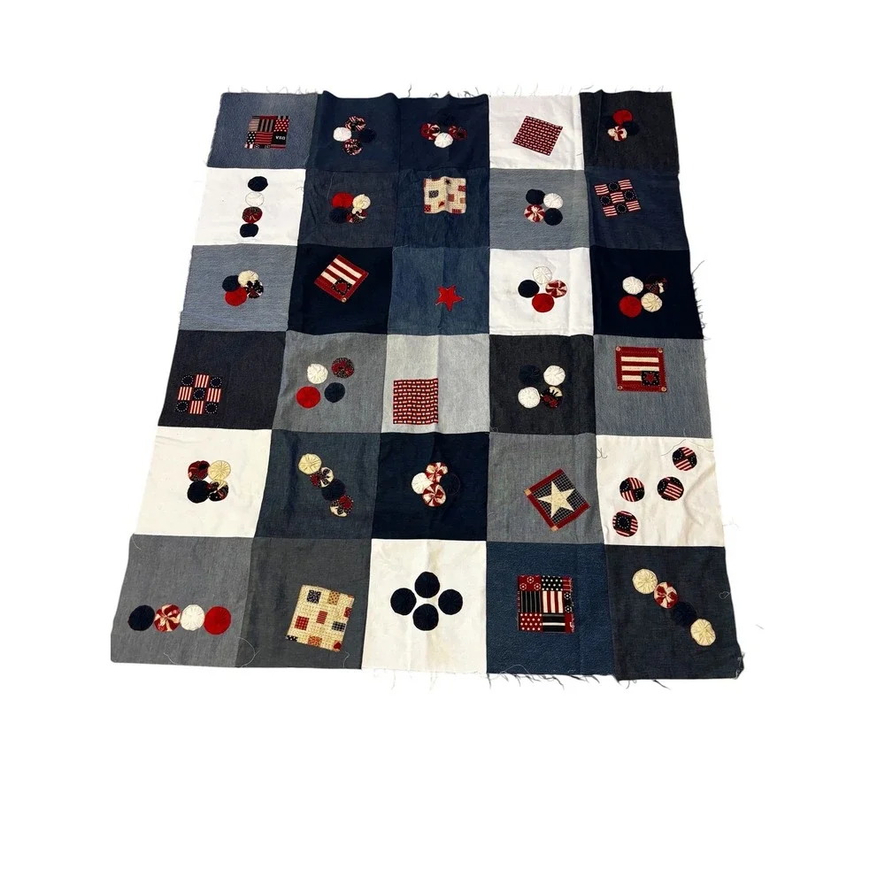Handmade Denim Patchwork Quilt Top Unfinished  Americana Patriotic Yo-Yo 54x45